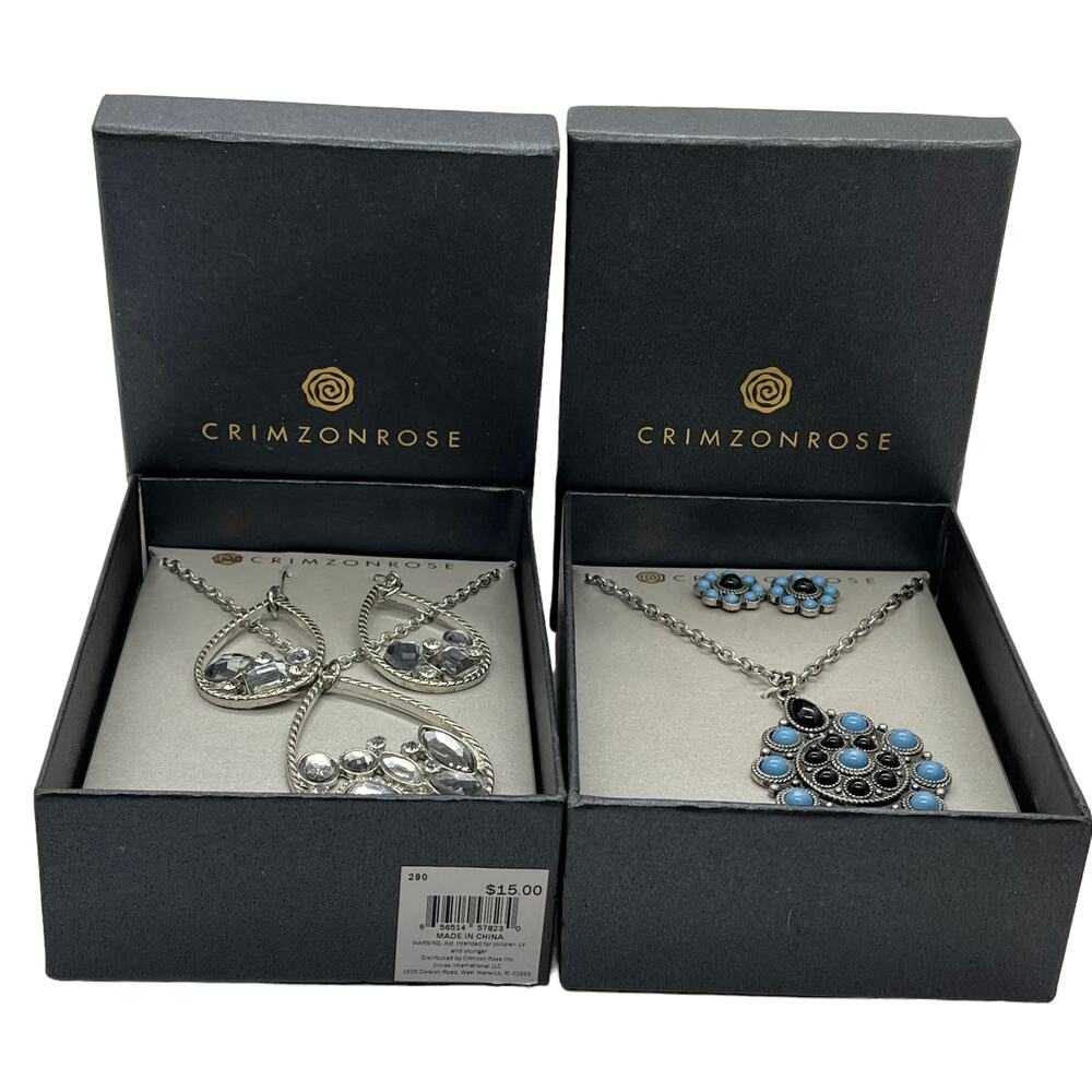 Crimzonrose Necklace Earrings Jewelry Set In Box Lot of Two Silver Tone Boho New